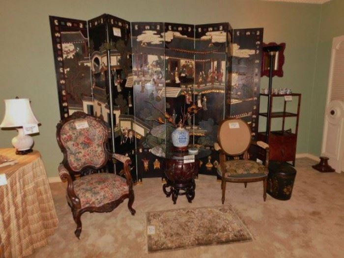 Eight-panel vintage oriental screen, oriental accessories, Ornate Victorian arm chair
