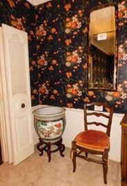 Williamsburg  Chinoiserie split-pane mirror, fish bowl, french style chair