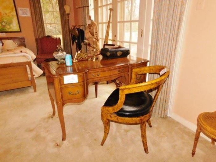 French style writing desk, Neoclassical chair with leather cushion.