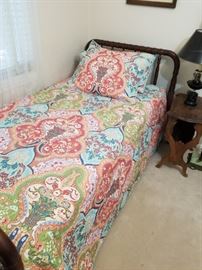 Vintage hardwood twin bed and bedding