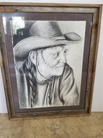 Willie Nelson charcoal/pencil drawing by Janis Fowler, 2012, measures 24.5" by 31"