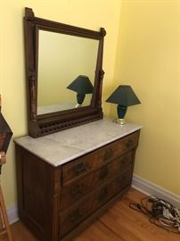 #13 marble top burl wood front  dresser w 3 drawers and mirror   $200.00