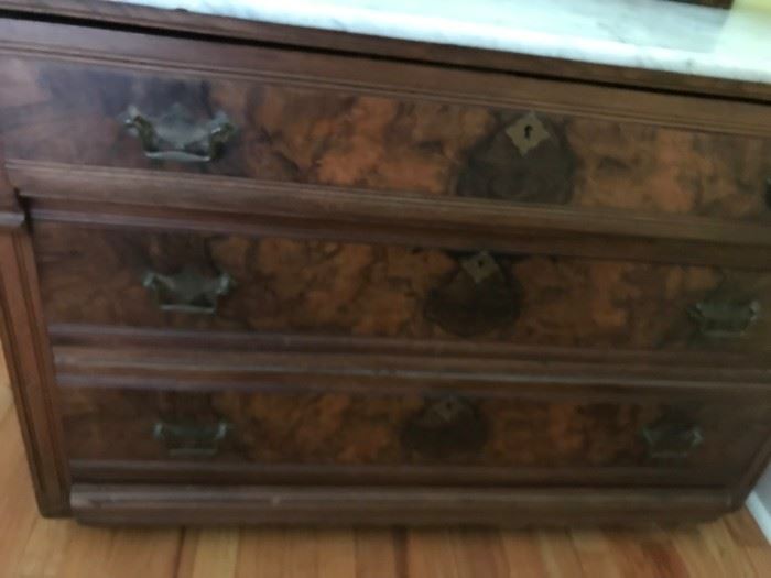 #13 marble top burl wood front  dresser w 3 drawers and mirror   $200.00