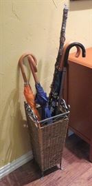Umbrella basket with drip pan, cane, umbrellas