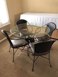 GlassTop Dining Table and Iron and Leather Chairs