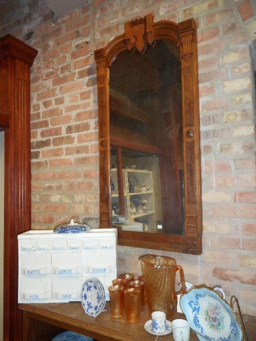 tall mirror, Eastlake Style.  porcelain spice cabinet, Carnival glass lemonade set