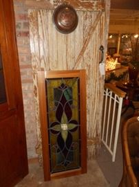 Vintage Door, vintage stained glass framed panel (restored) and copper sieve 