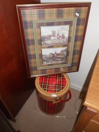 vintage scotch cooler, and framed scots riding scene