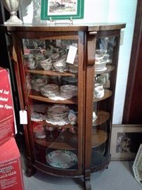 Empire style curio cabinet  with Franciscan Ware Desert Rose dishes