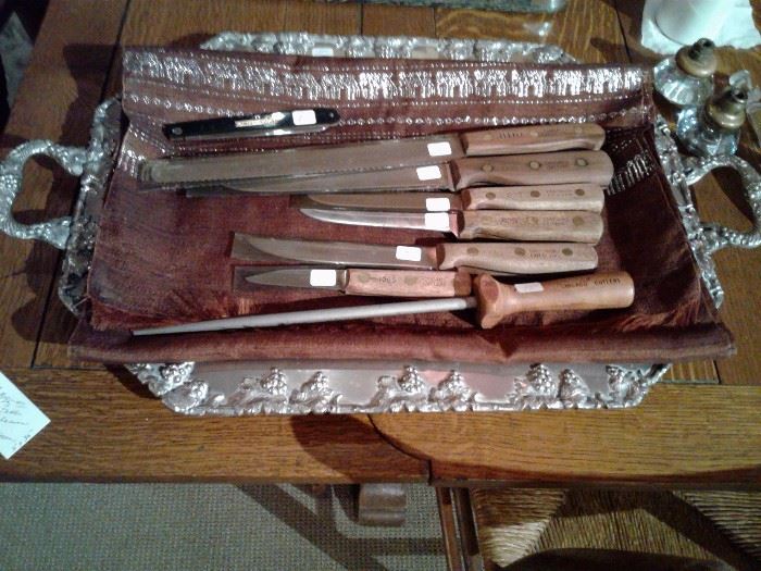 Chicago Cutlery , assorted knives and sharpening/honing steel  Vintage silver tray with Grape pattern