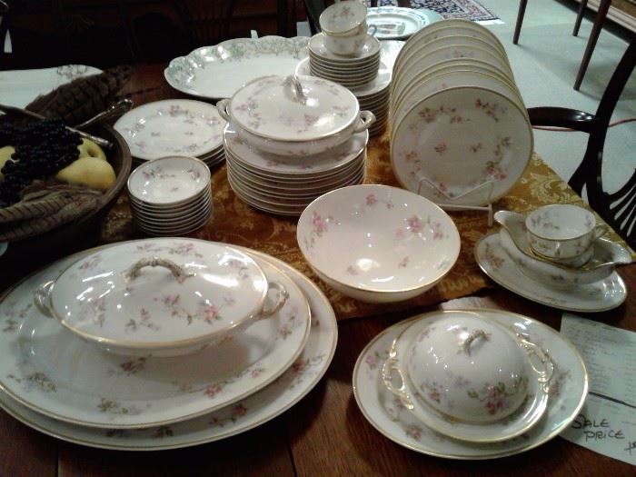 Limoges Fine China Set Service with  8 serving pieces Pink and green floral pattern