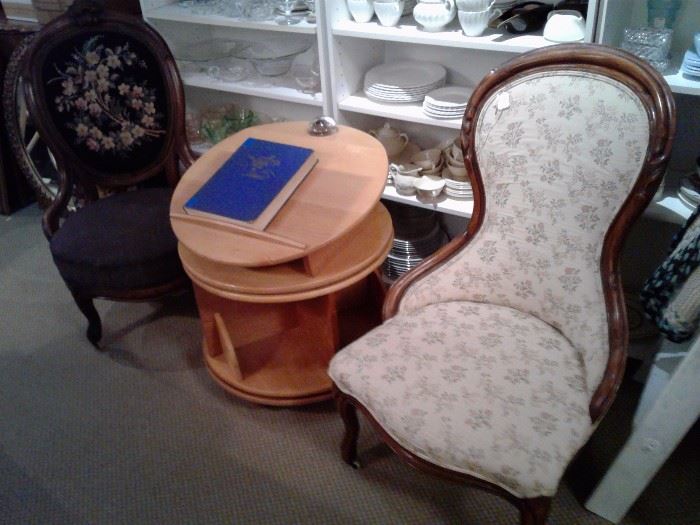 spoon chair, rotating book holder with bookshelves, Milk Glass plates, cups, tumblers and more