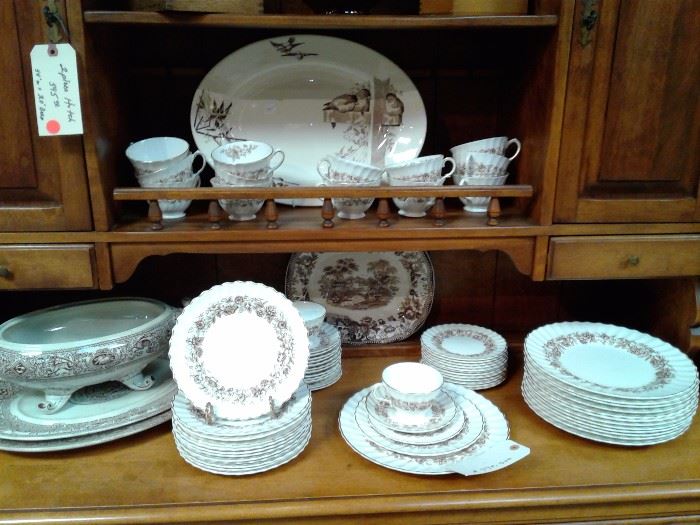 Royal Doulton Fine China service for 12  and Brown Transferware serving pieces
