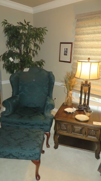Wing Back Chair and Footstool, End Table, Lamp, Artificial Tree