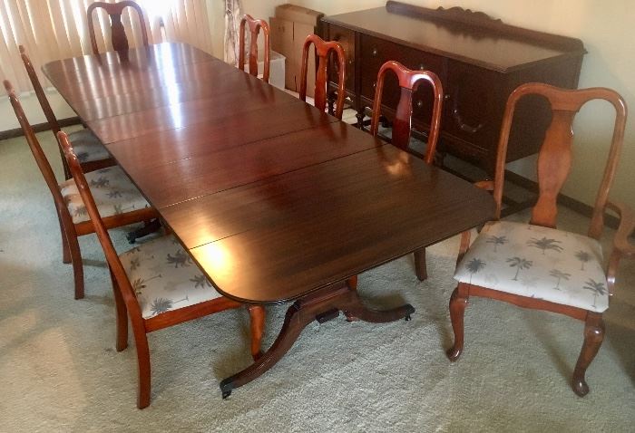 Antique Cherrywood double Pedestal Dining Table
Smallest 55x40 with 5 extra leaves
2 Arm Chairs, 8 Straight Back Chairs