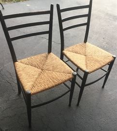 2 reed seat, black wood straight back chairs 