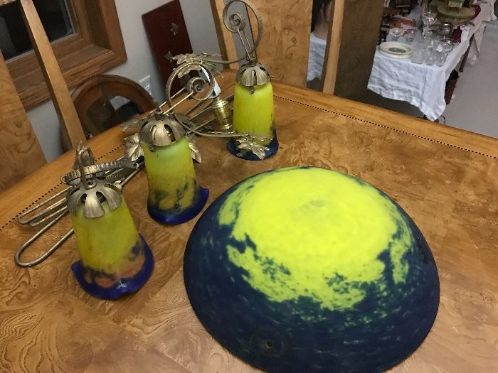 Noverdy French art glass light fixture; the larger globe has been repaired. The smaller globes are in excellent condition and are stunning!
