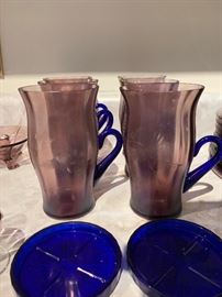 FENTON #220 Rib Optic in Wisteria Stretch Glass WHEEL CUT DESIGNS - 6 Coaster and 6 Glasses Set