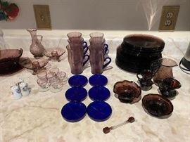 FENTON #220 Rib Optic in Wisteria Stretch Glass WHEEL CUT DESIGNS - 6 Coaster and 6 Glasses Set