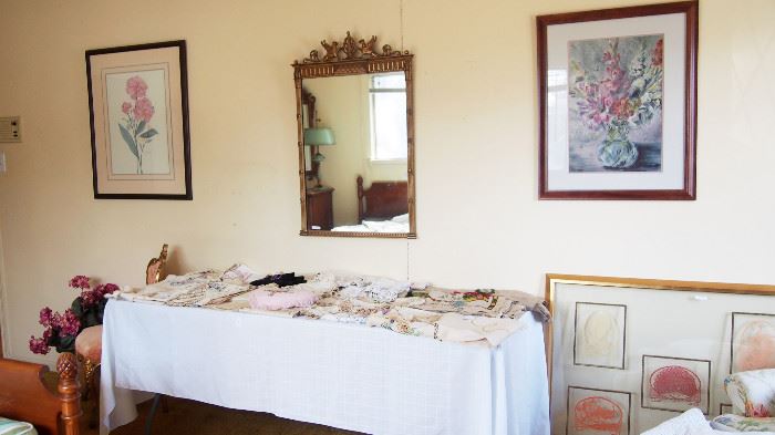 Pretty Vintage Mirror, table full of vintage fancy table linens, art