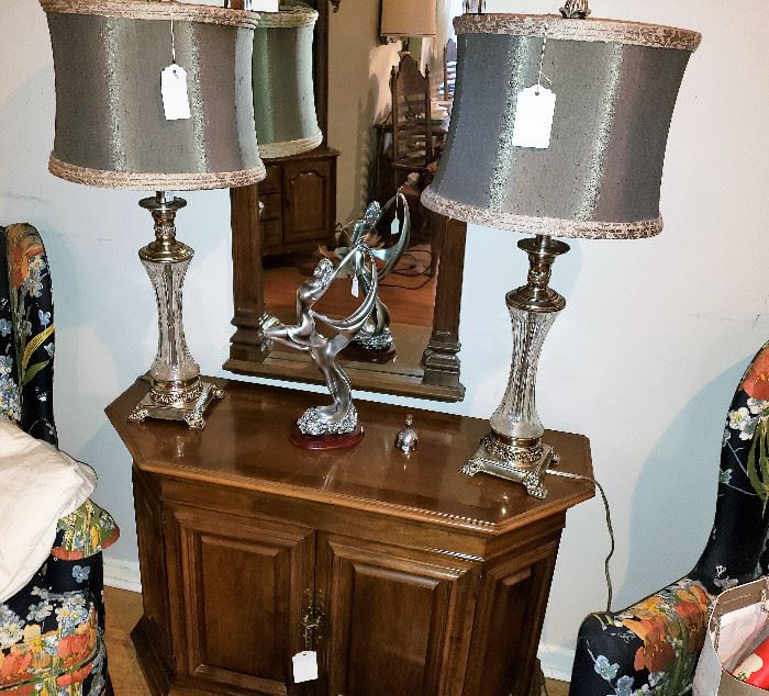 wing back chairs, lamps, statue, compote table, mirror   LAMPS SOLD