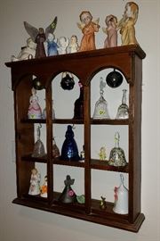 bells, angels, wooden display shelf