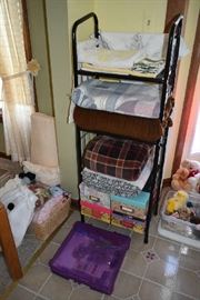 METAL RACK, BLANKETS, STORAGE BOXES