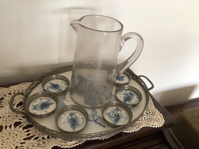 Silver plate and porcelain tray and coasters