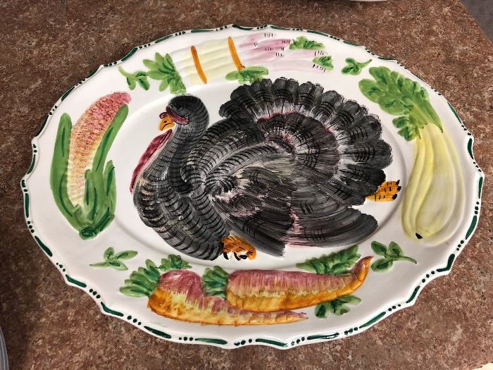Italian hand painted porcelain turkey platter.  Numbered, raised design.