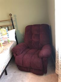 Wine color plush, large, comfy rocker recliner.  Clean and nice.