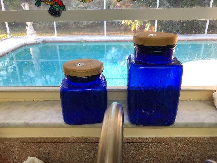 Cobalt blue keeper jars, raised fruit design