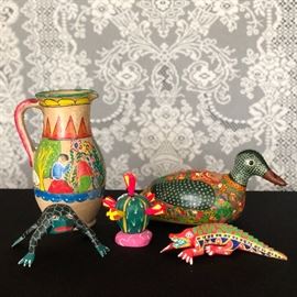 Hand painted wood and pottery 