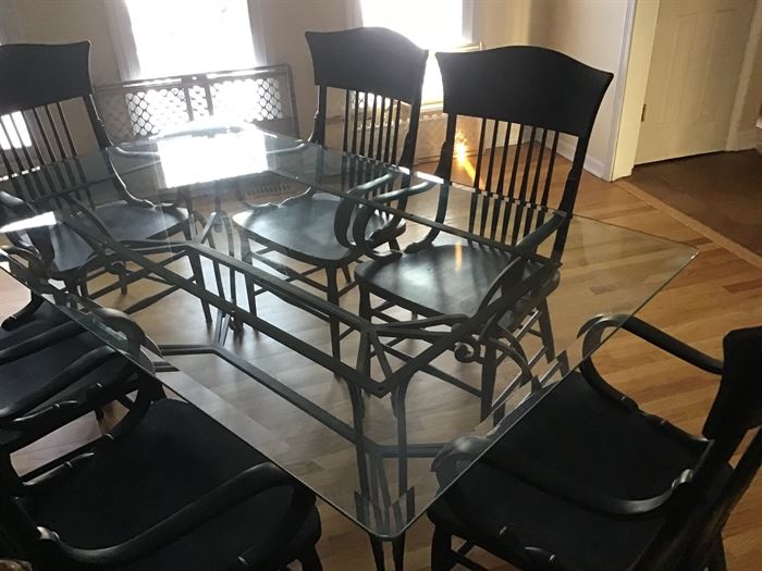 Custom Wrought Iron Dining Table with glass Top and 6 wood chairs