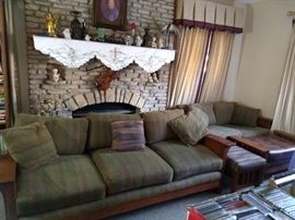 Mission style by Sam Morris couch, love seat and 2 ottomans in excellent condition. Solid wood with wild cherry finish. 