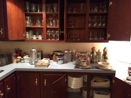 Bar dishes, wine and cocktail glasses, shrimp dishes