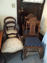 Antique chairs: 2 with beige cushions, set of 6 with blue cushions