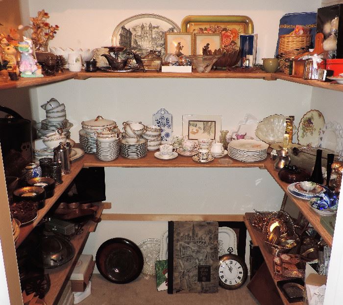 WALK-IN CLOSET that is LOADED with small including cups and saucers, Czech dinner-ware, trays, holiday items, clocks, baskets, candlesticks and LOTS of INTERESTING SMALLS ...
