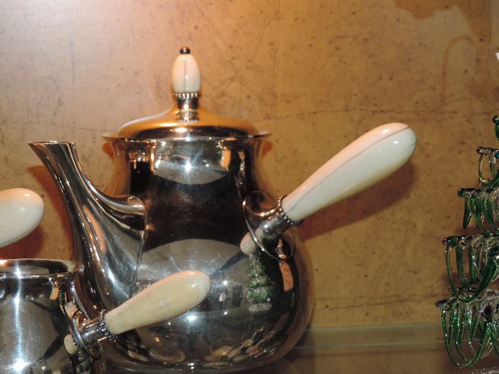 Detail of Tuttle Sterling Coffee Pot - in the manner of Jensen (hairlines in handles) 