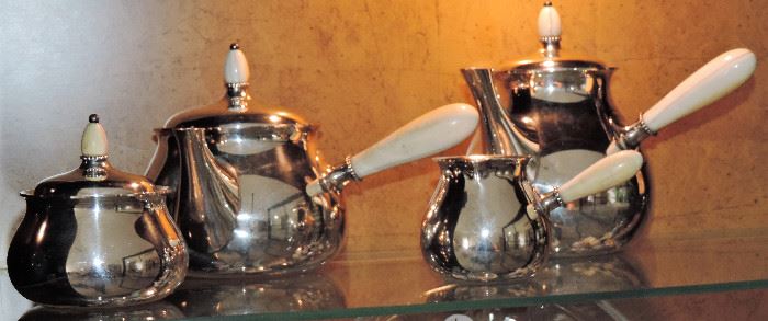1930s 4 Piece STERLING Art Deco Style Tuttle Tea Set with Ivory Handles