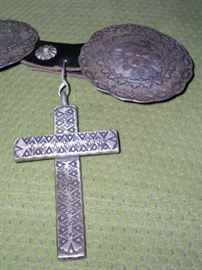 Sterling Cross measures 4" tall x 2-5/8" wide. Weighs 125g.  Medallions are 3-1/8" in diameter and weigh approx. 52g each. There are 10 medallions.