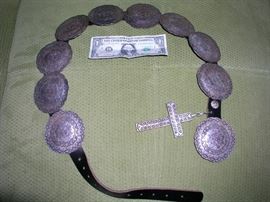Incredible sterling concho belt by W.R. Harris. Medallions are approx. 52g each, cross is 125g.