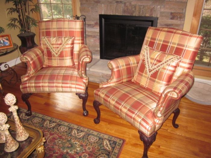 Pair Tufted Silk Wing Chairs