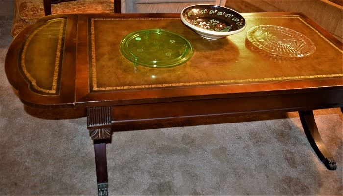 Antique Mahogany Coffee Table with Gold Leaf Trimmed Leather Inlay and Brass Claw feet
