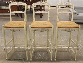  Set of 3 Country French Style Distressed Carved Rush Bottom Bar Stools – auction estimate $100-$300 