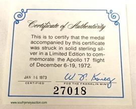  SOLID Sterling Silver “The Apollo 17 Eyewitness Medal” with Certificate of Authenticity – auction estimate $20-$50 