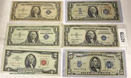  Selection of U.S. Silver Certificates including $5 Silver Certificate,

(2) 1935 & 1937 $1.00 Silver Certificates, 1934 Green Back Silver Certificate,

& $2.00 1963 Red Seal – auction estimate $10-$30 