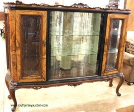 ANTIQUE Exotic Burl Walnut Etched Glass Door French Style China Cabinet with Mosaic Mirror Back and Keys – auction estimate $400-$800 