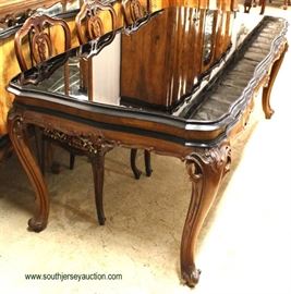 ANTIQUE 9 Piece Exotic Burl Walnut Framed in Glass Top French Style Dining Room Table with 8 Dining Room Chairs – auction estimate $400-$800 