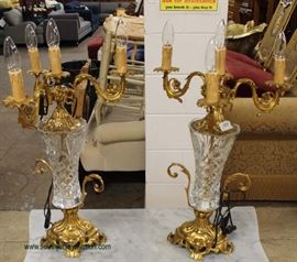 PAIR of Leaded Crystal and Bronze 5 Arm Candelabra Lamps – auction estimate $500-$1000 