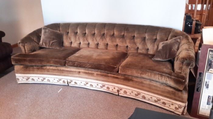 Vintage tufted velour sofa, brown/gold.